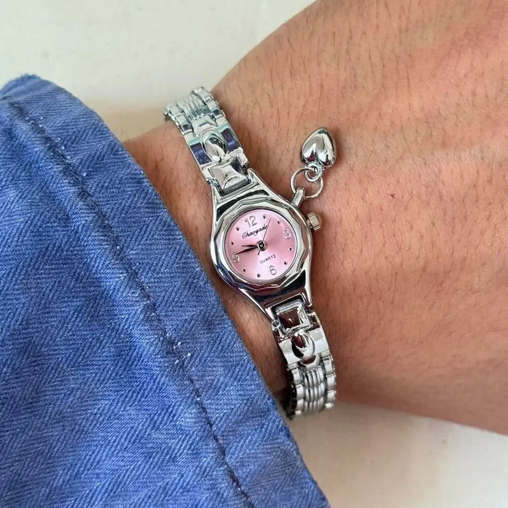 y2k silver cute round stainless steel quartz watch